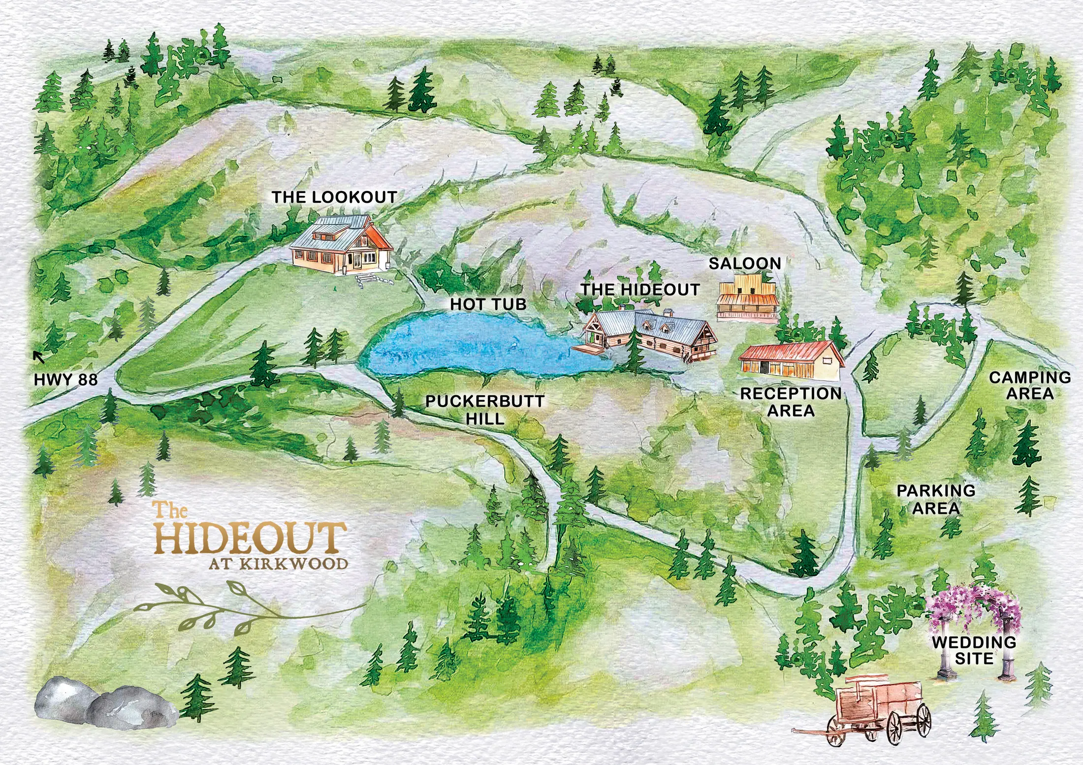 Hand-painted survey map of The Hideout at Kirkwood, showing the lodge, saloon, lake, hot tub, reception ground, camping area and wedding site.