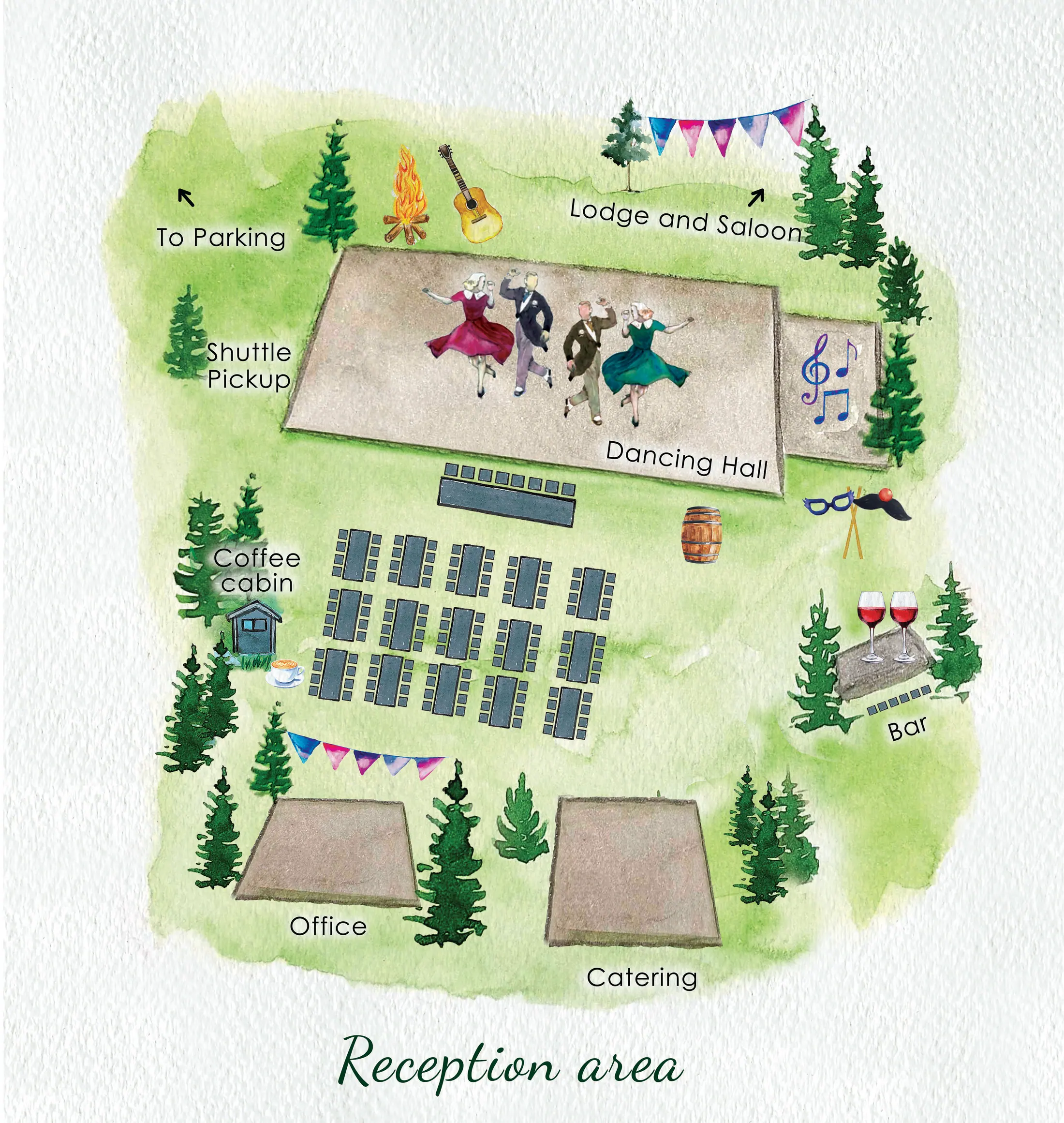 Hand-painted plan of the reception area showing the dancing hall, tables, bar, coffee cabin, catering, office and shuttle pickup.